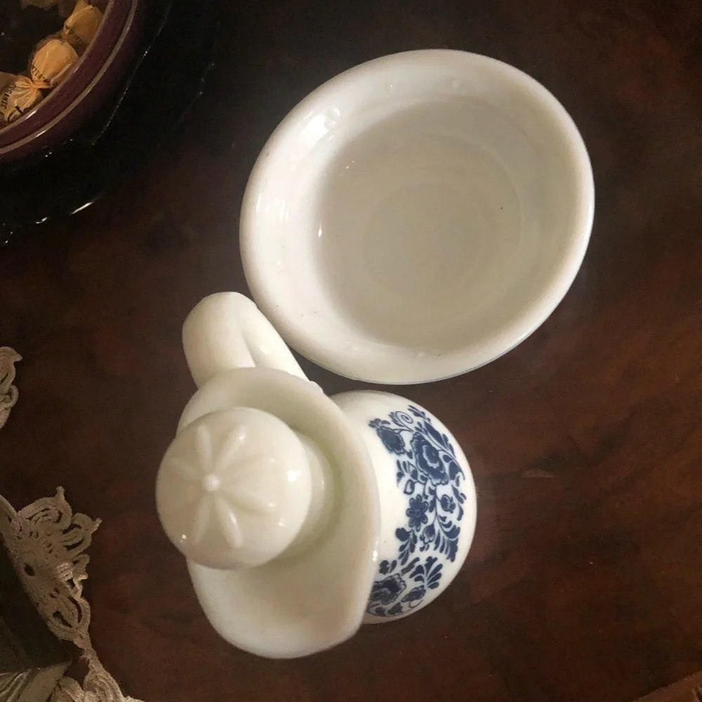 Vintage White & Blue Milk Glass Pitcher & Bowl